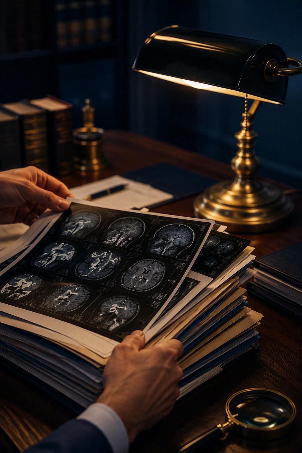 Attorney reviewing brain imaging results at a desk